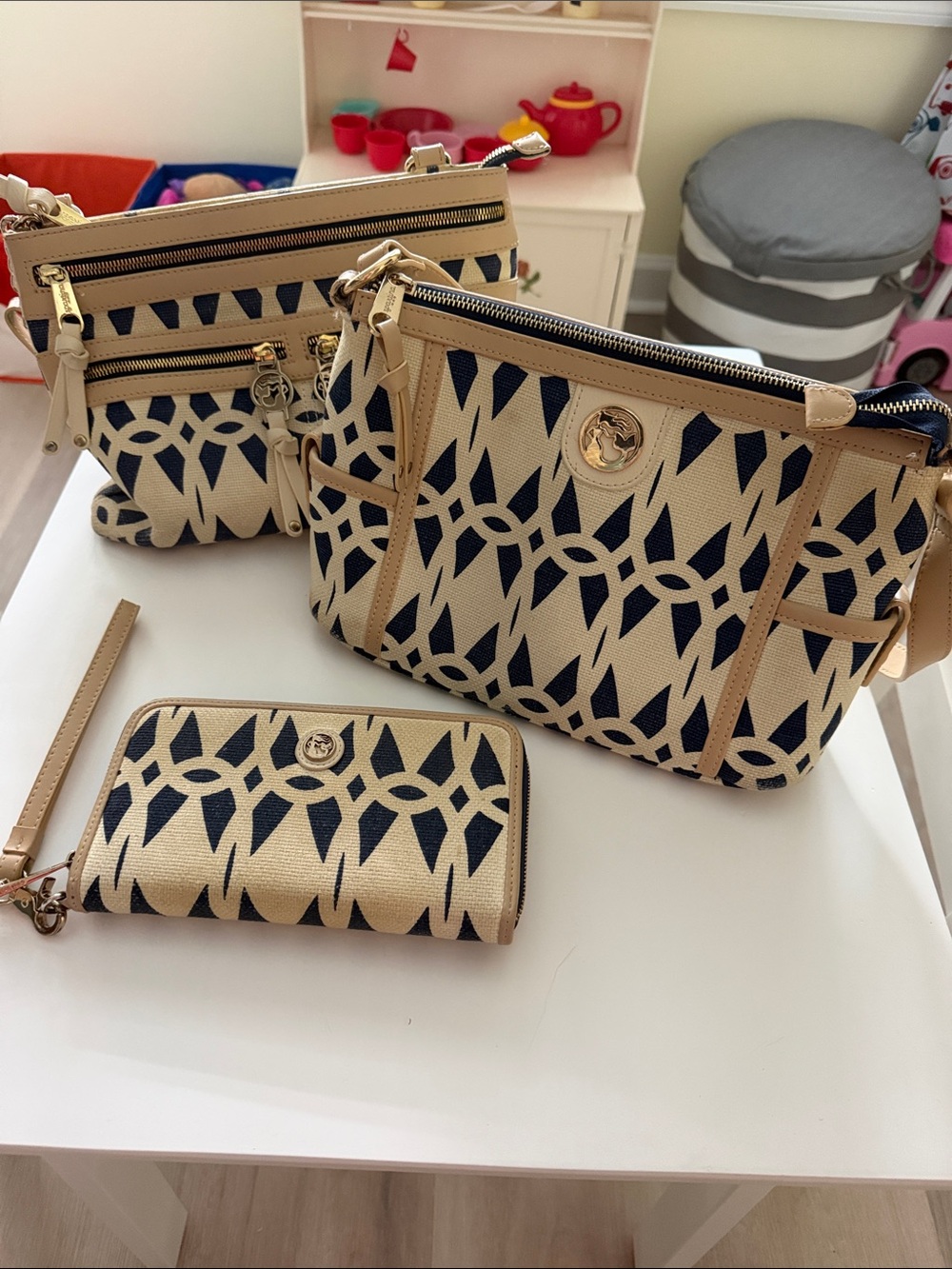 Two Spartina Beige & Navy Patterned Bags with Matching Wallet